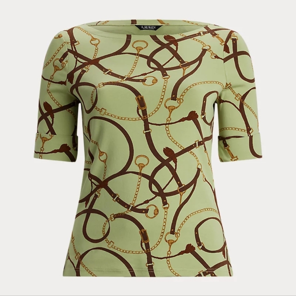 NWT Lauren Ralph Lauren Belting-Print Cotton Boatneck Tee / Size 1X - Picture 2 of 7